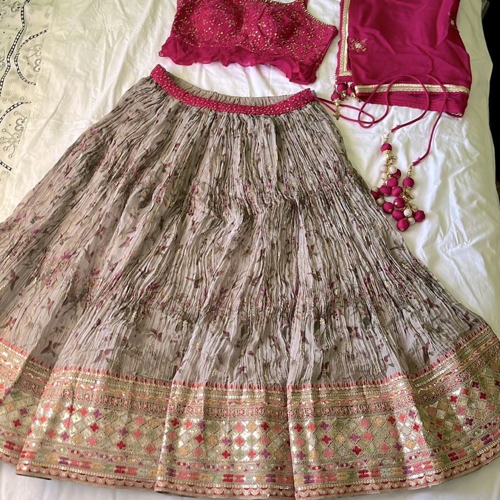 Gray/hot pink lehenga Choli set 3 piece mirror work ruffle pattern blouse